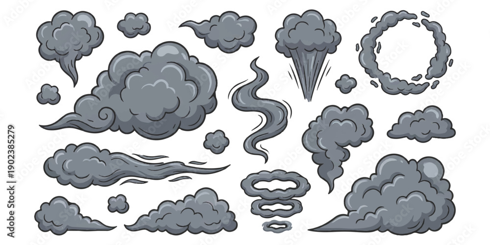 Obraz premium Collection of stylized grey smoke and cloud elements in various shapes and forms, perfect for graphic design and illustrations.
