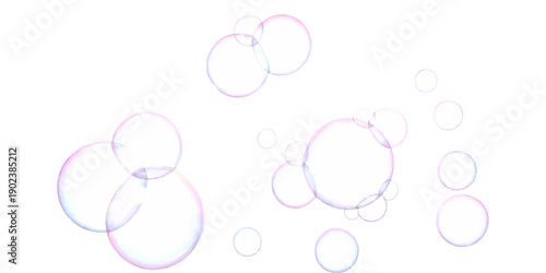 Collection of transparent iridescent soap bubbles floating and shimmering against a clean white background, playful and light.