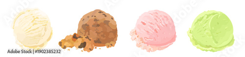 Set of cartoon vanilla, strawberry, pistachio and chocolate ice cream scoop with chocolate chip. Summer dessert illustration isolated on white. Perfect for menu, packaging and dessert design.