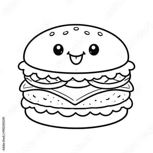 A cartoon hamburger with a smiley face on a plain white background illustration from a front viewpoint 1 (5).eps
