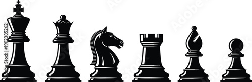 WebComplete Black Chess Piece Silhouette Set Featuring King Queen Knight Rook Bishop and Pawn Icons for Strategy Competition Board Game Branding and Intellectual Concept Graphics