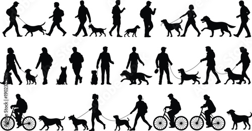Silhouettes of people walking and riding bicycles with dogs in various poses on a white background