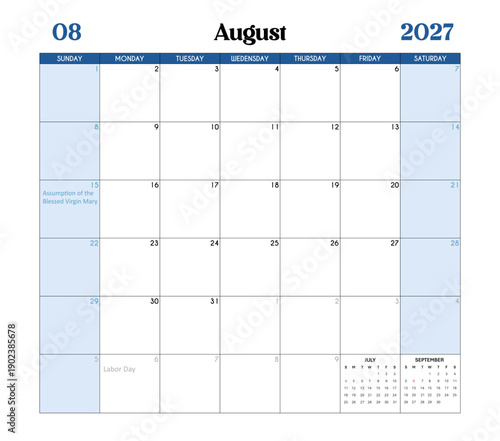 August Month 2027 Calendar Page with Holidays and Celebrations of the United States.