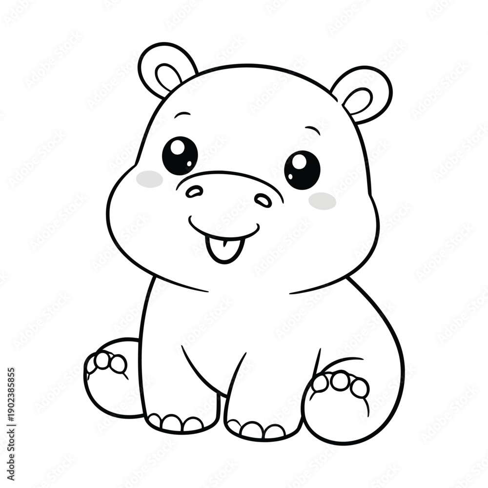 Fototapeta premium A cartoon hippopotamus sitting with a cheerful expression and big eyes, showcasing a cute illustration style, from a front viewpoint, in a simple vector format.
