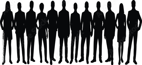 Silhouettes of twelve people standing in a row against a white background