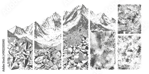 Detailed monochromatic illustration of majestic mountain peaks and rocky terrain, rendered in a graphic, textured style, suitable for outdoor adventure themes.