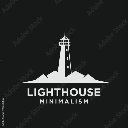Minimalist Lighthouse Logo Design. Simple vector icon of a lighthouse on abstract land, ideal for branding, maritime, or navigation themes.