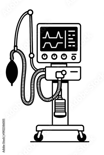 State-of-the-art medical ventilator on a mobile stand with real-time vital signs monitoring, an integrated manual resuscitator (ambu bag), and advanced respiratory support for critical care patients