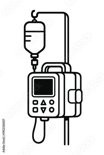 Monochromatic vector outline illustration of a modern medical intravenous (IV) infusion pump system with a fluid bag, highlighting precise drug delivery and patient care technology in a sleek
