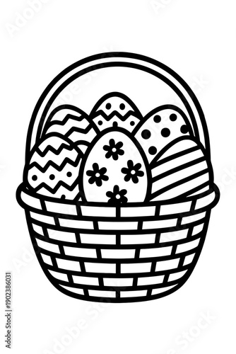 Charming minimalist line art illustration: a classic Easter basket overflowing with decorated eggs. Patterns: zigzags, polka dots, stripes, flowers. Ideal for spring holiday themes, digital crafts