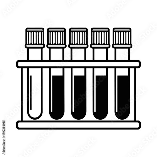 Detailed Line Art Illustration of Five Laboratory Test Tubes Neatly Arranged in a Sturdy Rack, Perfect for Scientific Research, Medical Diagnostics, Chemical Experiments, Educational Resources
