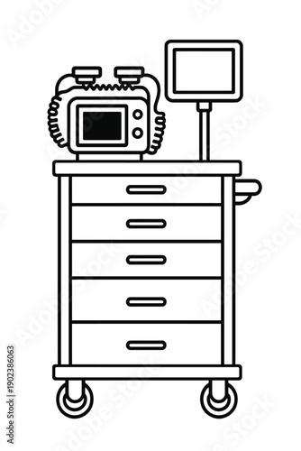 Essential medical emergency crash cart featuring a portable defibrillator and a vital signs patient monitor, securely mounted on a five-drawer mobile medical trolley, indispensable equipment