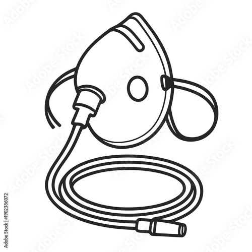 Outline vector icon of a medical oxygen mask with tubing for vital respiratory support. Essential healthcare equipment, perfect for hospital, emergency, patient care, and critical medical device