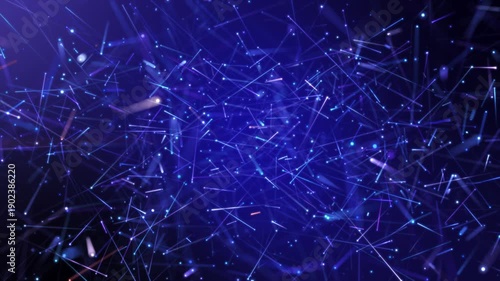 Abstract digital network background with chaotic glowing blue light trails and particle sparks.