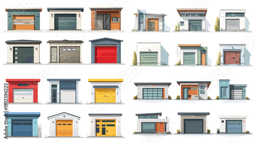 Collection of residential garage door and entrance facades in various styles. Home exterior designs suitable for housing projects real estate visuals and architectural references.