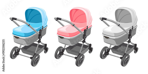 A set of cute baby carriage for newborns isolated on a white background. 