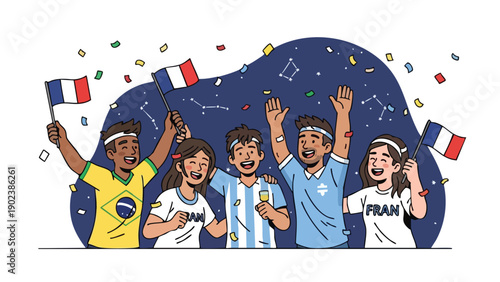 Illustration of diverse group of people celebrating with French flags and confetti against a blue background.