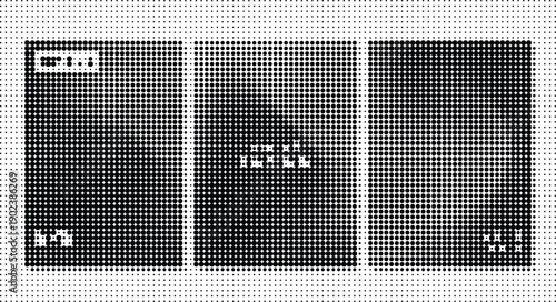 Three panels of black dots forming abstract shapes on white background pattern texture