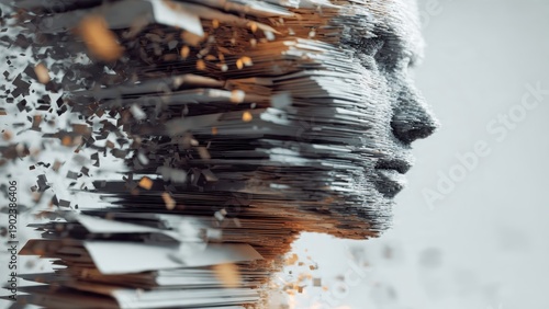 A digital rendering of a fragmented human face, evoking themes of transformation and abstraction through distorted lines and shapes.