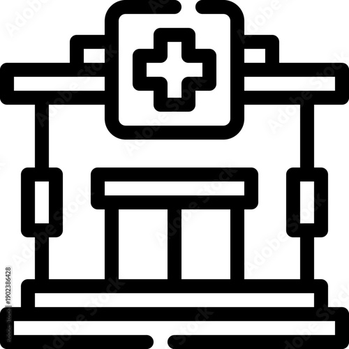 Outlined modern hospital building icon symbolizing healthcare facility, emergency medical center, community clinic services, inpatient treatment and comprehensive health support

