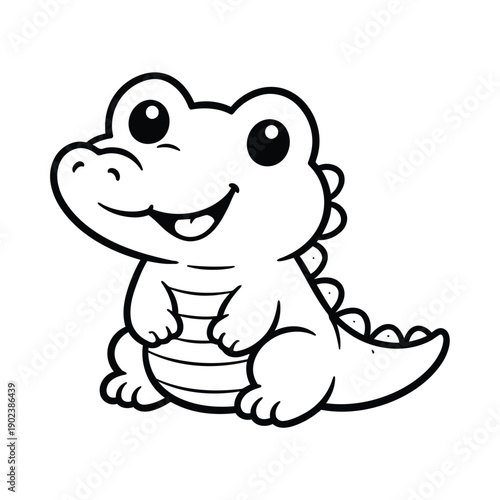 Adorable cartoon alligator sitting with a friendly smile, showcasing its playful nature, illustrated in a simple black outline