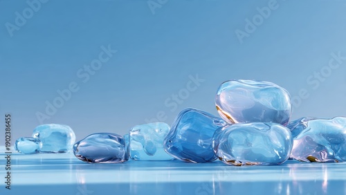 A collection of transparent ice cubes resting on a reflective surface, showcasing subtle blue hues against a clear sky backdrop.