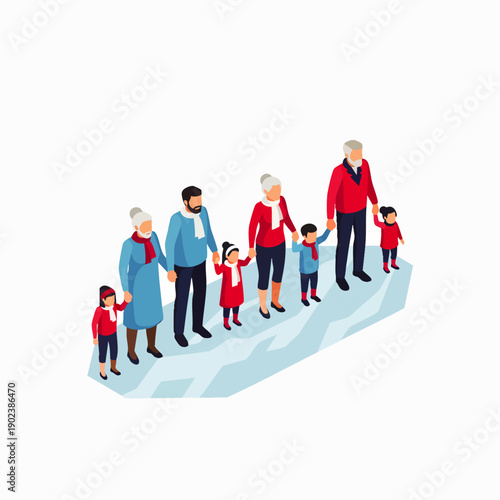 Multi-generational family in winter clothes, holding hands on a snowy slope. Isometric illustration of unity, support, and generational bonds.