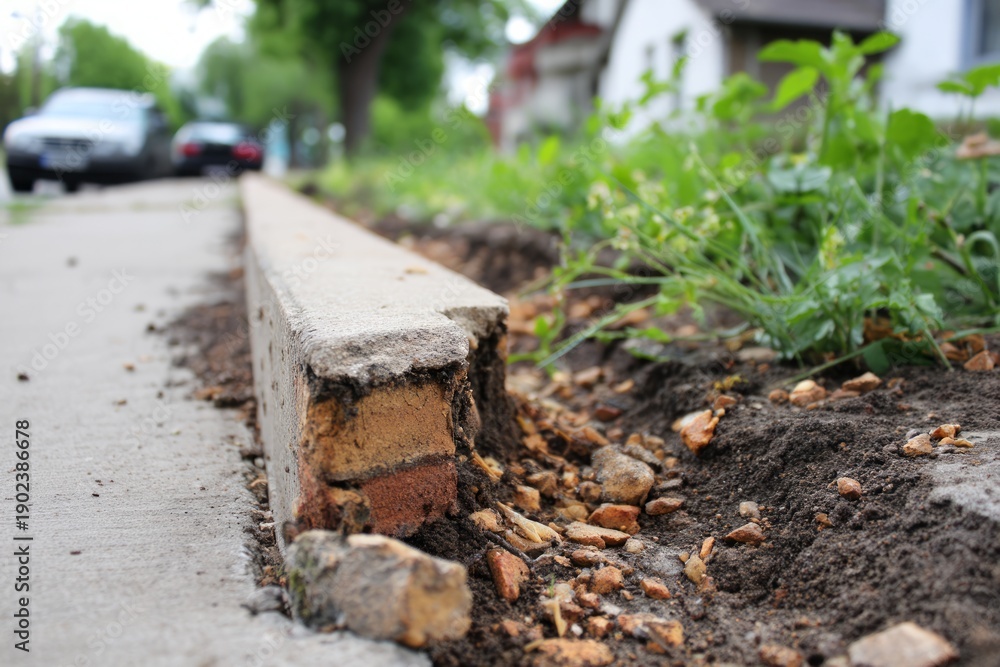 Fototapeta premium Urban Curb Edge with Chipped Concrete Surrounded by Dirt and Greenery