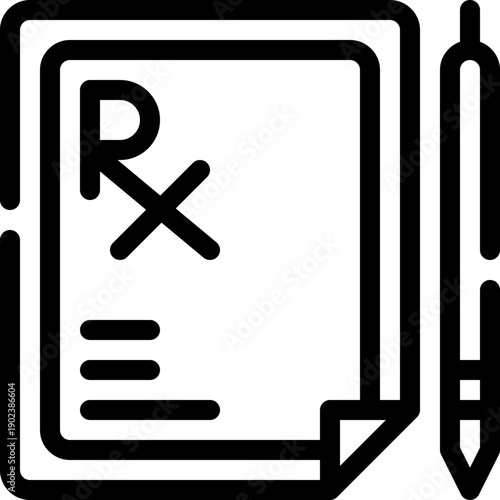 Outlined doctor prescription pad icon with Rx and pen representing written medication order, pharmaceutical treatment plan, clinical instructions and pharmacy record

