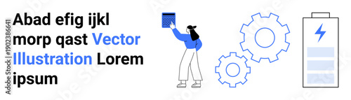 Renewable energy, workflow automation, technology, energy efficiency, innovation, technical processes. Woman holding a box near gears and a battery icon. Renewable energy and workflow automation