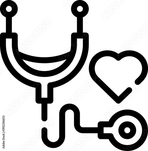Line art stethoscope with heart icon illustrating cardiology exam, heartbeat monitoring, primary healthcare consultation and compassionate patient centered medical care


