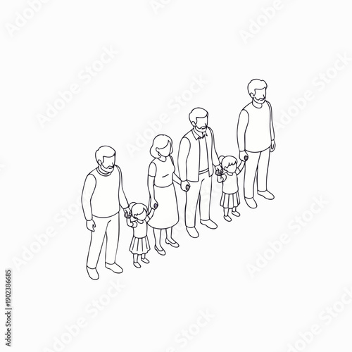 Isometric line art illustration depicting a diverse family group with parents and children standing hand-in-hand, symbolizing togetherness, support, and generational bonds.