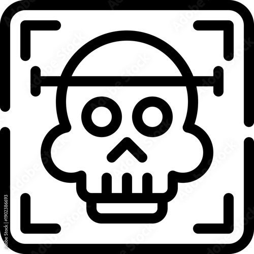 Outlined skull scan detection icon symbolizing x ray imaging, digital forensic identification, danger warning sign and biometric skeletal recognition technology

