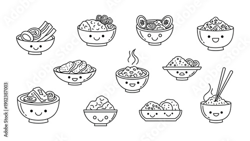 Smiling Bowls: A delightful monochrome illustration showcasing a variety of adorable smiling bowls filled with diverse and delicious dishes.