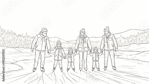 Outline vector illustration of a happy family, parents and three children, ice skating hand-in-hand on a frozen lake with a winter landscape background.