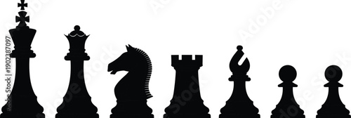 Complete Black Chess Piece Silhouette Set Featuring King Queen Knight Rook Bishop And Pawn Icons For Strategy Competition Intellectual Games And Business Metaphor Graphic Design