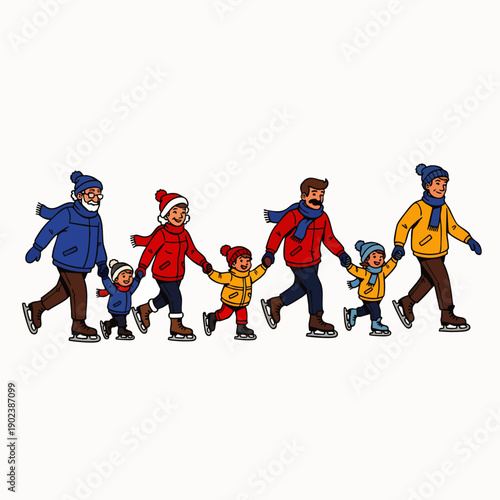 Multi-generational family enjoying a winter day ice skating together, holding hands in a joyful outdoor leisure activity illustration.