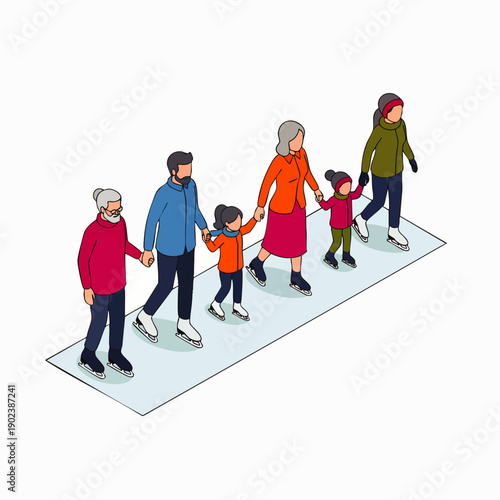 Happy multi-generational family ice skating together, holding hands. Isometric illustration of family bonding, winter leisure, and an active healthy lifestyle.