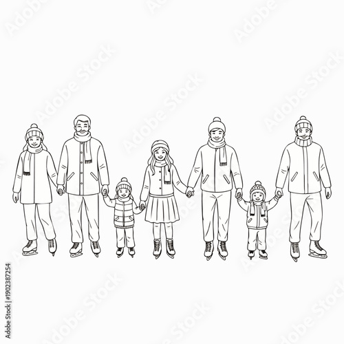 Joyful families ice skating together in winter, holding hands, a fun outdoor leisure activity for parents and children, black and white line art illustration.
