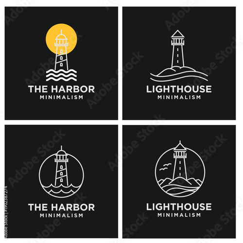 Minimalist Lighthouse and Harbor Logo Design Collection Set in Line Art Style