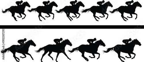 Horse racing jockey silhouettes showing galloping racehorses in dynamic running sequence, equestrian sport action, isolated black vector illustration set
