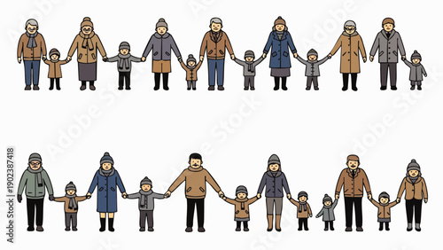 Pixel art families holding hands, representing unity, generations, and togetherness in winter attire. Diverse group illustration.