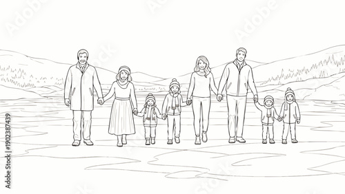 Large multi-generational family holding hands, walking together in a snowy winter landscape. Outline illustration depicting unity, togetherness, and outdoor activity.