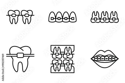 Dental icons set featuring teeth with braces and mouth