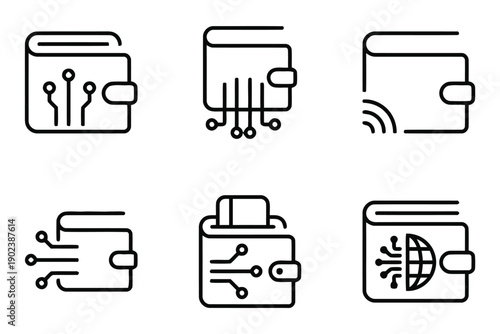 Digital wallet icons set with circuits and wifi symbol, technology and finance concept
