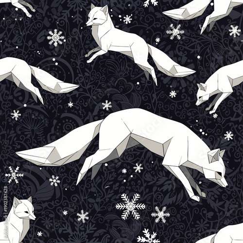 Abstract winter wonderland pattern with leaping white polygonal foxes and delicate snowflakes on a sophisticated dark floral backdrop, ideal for textiles.