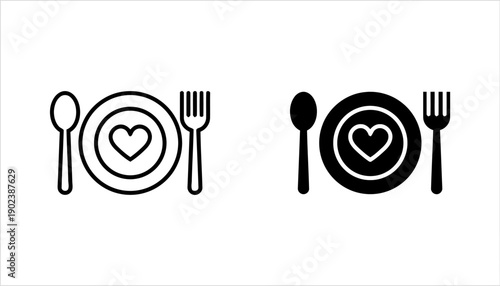 Dinner plate with heart icon, fork and spoon, romantic meal or valentine's day dining concept