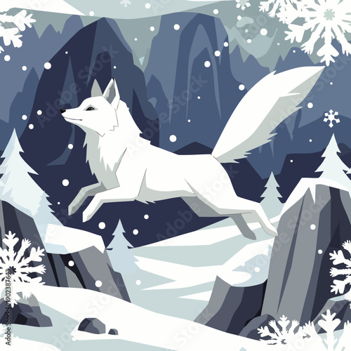 Majestic arctic fox leaping gracefully across a pristine snowy mountain landscape under a flurry of snowflakes, capturing the essence of winter wilderness.