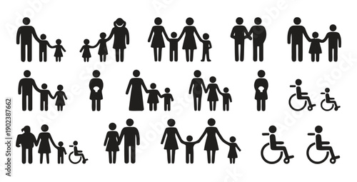 Diverse family and accessibility icons showing people relationships and inclusion