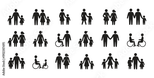 Diverse family groups with children and individuals using wheelchairs in flat design icons